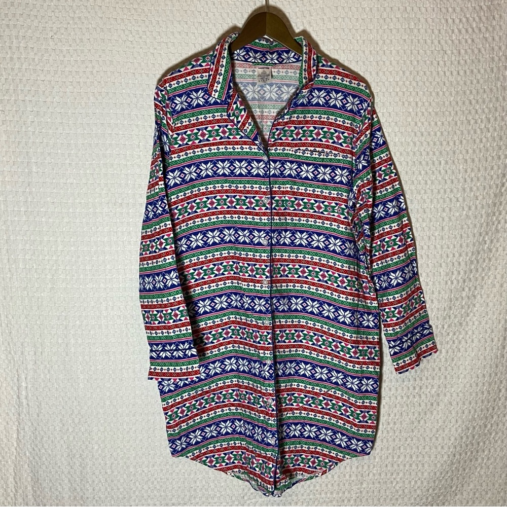 Land's End Women Night Gown Long Sleeve Christmas blue and red Sz L (14-16)